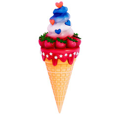 Dessert 4Th of July 3D, Ice cream cones with scoops of red, white, and blue on transparent background, 3D Rendering