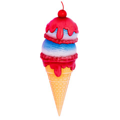 Dessert 4Th of July 3D, Ice cream cones with scoops of red, white, and blue on transparent background, 3D Rendering