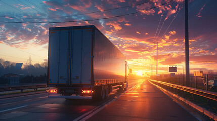 A delivery truck rushes along the highway against the background of sunrise, symbolizing the speed and efficiency of cargo delivery.