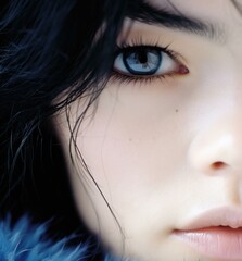 A close up of a woman with long black hair and blue eyes. AI.