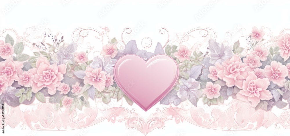 Poster A pink heart is surrounded by flowers and leaves. AI.