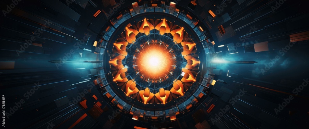 Wall mural an abstract image of a circular object with blue and orange lights. ai.