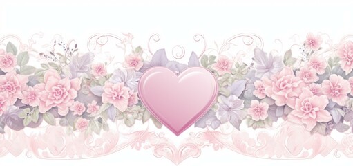 A pink heart is surrounded by flowers and leaves. AI.