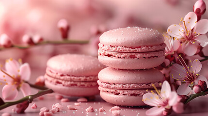 Pink macarons with delicate flowers in a soft, romantic setting, ideal for a sweet treat concept.