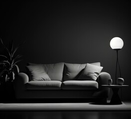 A black and white photo of a couch in the dark. AI.