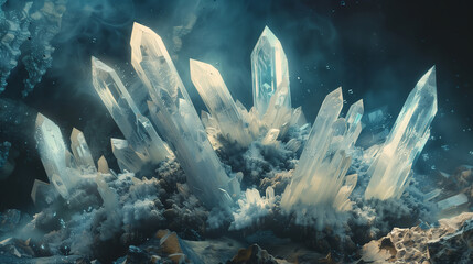 White crystal formations with intricate facets, Dark mysterious cave, abstract background