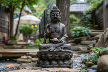 Serene Buddha statue in a peaceful garden setting,
The ancient buddha statue in the forest