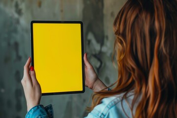 Naklejka premium Screen display over shoulder of a woman holding a tablet with a fully yellow screen