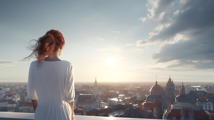 A woman stands on a rooftop, looking out over the city with a pensive expression against the white...