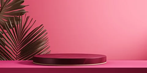 Fototapeten Magenta background with shadows of palm leaves on a magenta wall, an empty table top for product presentation. A mockup banner stand podium © Celina