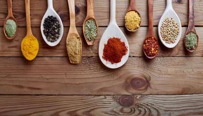 Spices in Wooden Spoons on Wooden Table. Culinary Composition and Kitchen Arrangement. Copy space for banner. top view