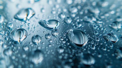 Water Droplets: A macro close-up photo of water droplets forming on a cold glass surface