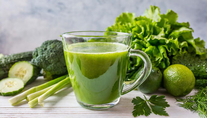 Green Detox Drink in Glass surrounded by Green Vegetables: Wellness Lifestyle and Healthy Beverage