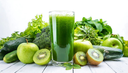 Green Detox Drink in Glass surrounded by Green Vegetables: Wellness Lifestyle and Healthy Beverage