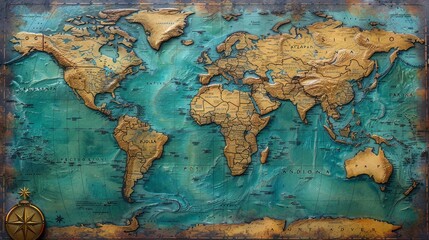 Naklejka premium World Map: A photo of a world map poster, with highlighted travel routes and landmarks