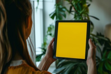 App demo near shoulder of a adult woman holding a tablet with a fully yellow screen