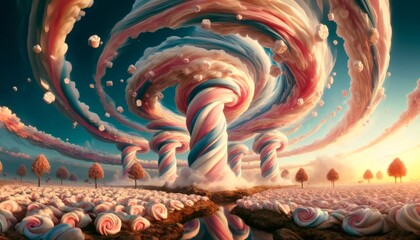 the marshmallow cyclone sweeps across the horizon, its sugarcoated tendrils intertwine with the sky - obrazy, fototapety, plakaty