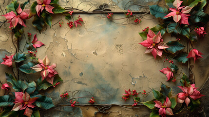 Vintage map framed by colorful poinsettias and delicate ivy, evoking a festive, exploratory theme.