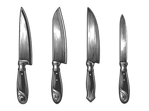 set of four chef knives with varying blade shapes and handle designs sketch engraving generative ai fictional character raster illustration. Scratch board imitation. Black and white image.