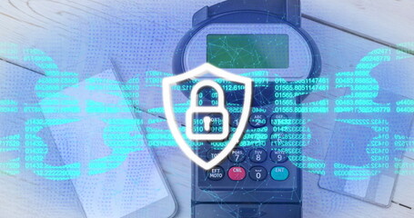 Image of block chain and security padlock on shield over payment terminal