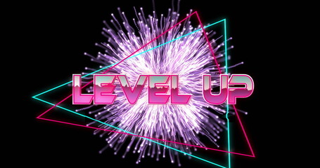 Image of level up text in metallic pink letters with triangles over purple fireworks