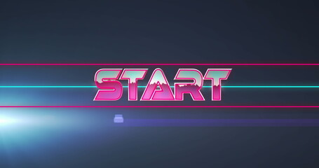 Image of start text in metallic pink letters with lines over glowing light