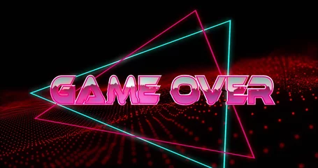  Image of game over text in metallic pink letters with triangles over red mesh © vectorfusionart