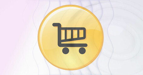 Digital image of shopping cart icon on yellow banner over concentric waves on white background