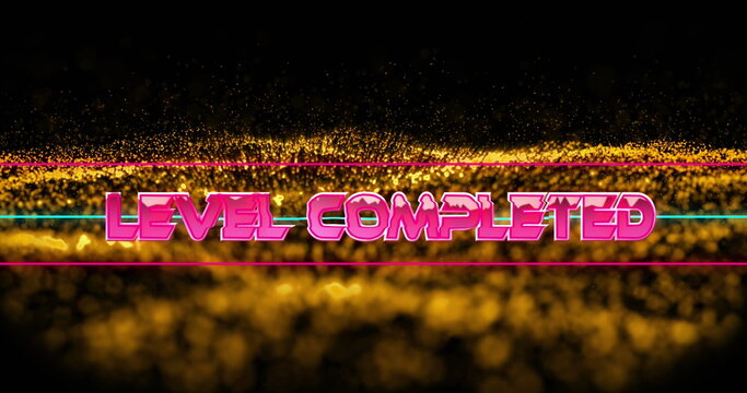 Image of level completed text in metallic pink letters with lines over mesh - Powered by Adobe