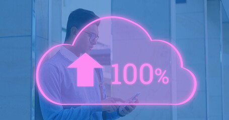 Image of cloud with arrows and percent going up over biracial man using smartphone