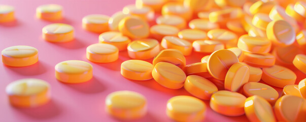 Fototapeta na wymiar Assorted yellow pills on a pink surface.