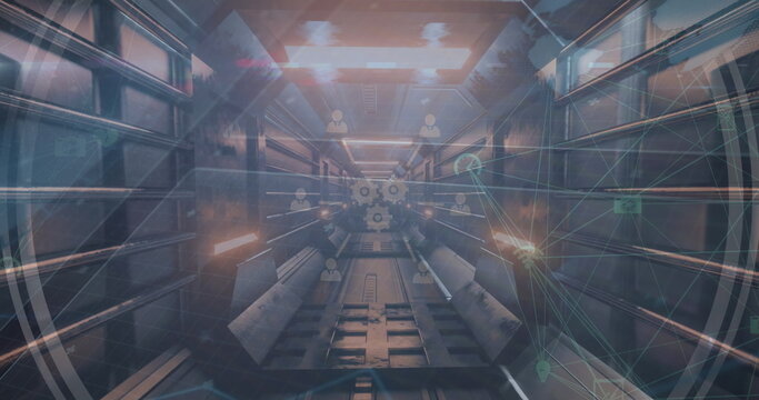 Globes of digital icons and network of digital icons over neon glowing tunnel in seamless pattern