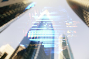 Abstract virtual coding illustration and world map on modern architecture background, international software development concept. Multiexposure