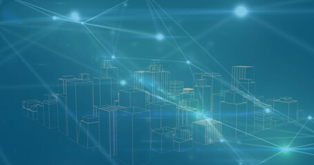 Network of connections over spinning 3d cityscape against blue background