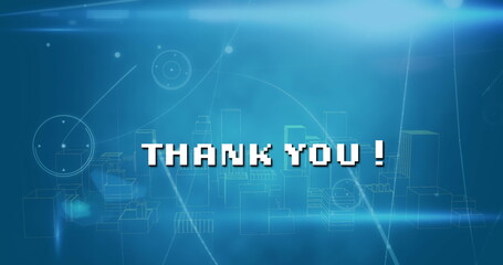 Image of thank you text and city on blue background