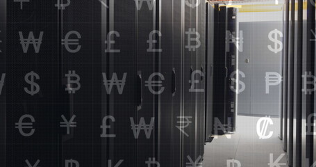Image of currency symbols over server room
