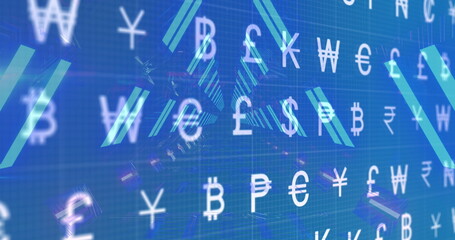 Image of currency symbols over neon tunnel