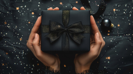 Hands presenting a black gift box with a sparkling bow on a dark festive background with golden confetti.