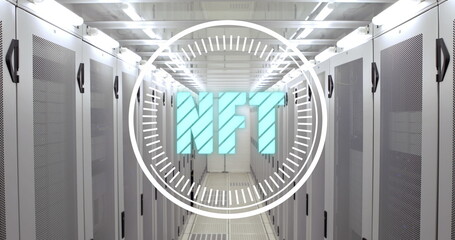 Image of nft text over scope scanning and server room