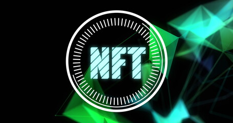 Image of nft text over scope scanning and shapes on black background