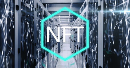 Image of nft text over network of connections and server room