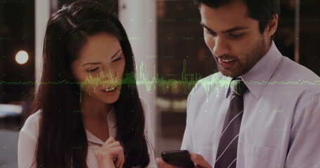 Image of financial data processing over diverse business people in office