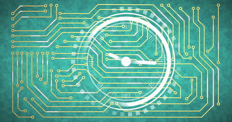 Image of computer circuit board over clock on green background