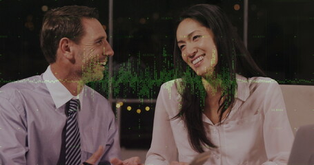 Image of financial data processing over diverse business people in office