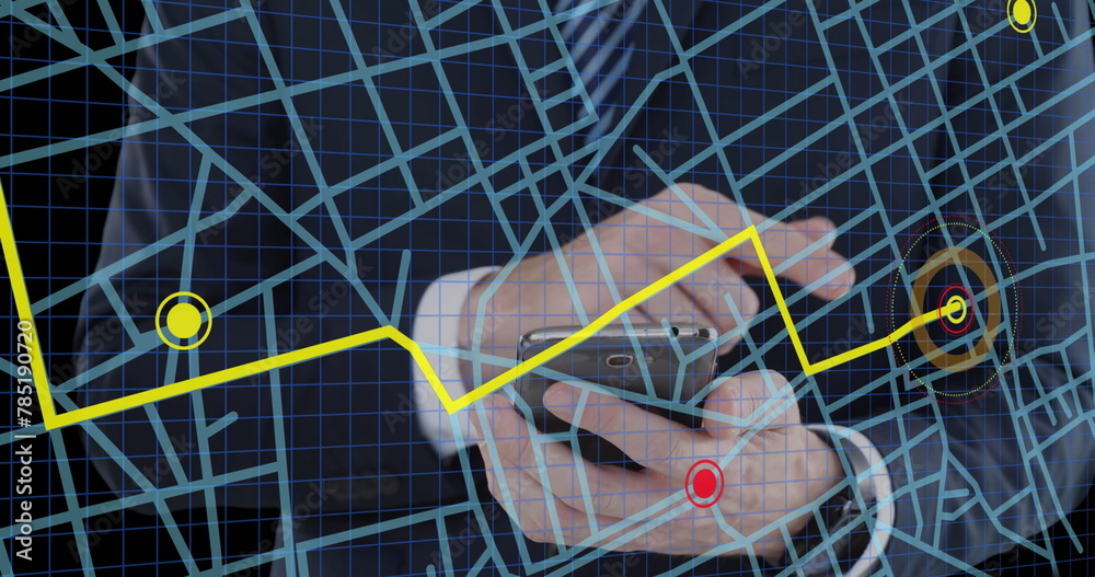 Poster navigation map line scheme against mid section of businessman using a smartphone