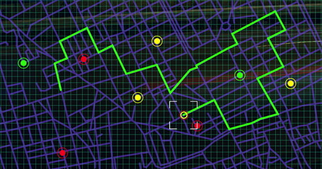 Glitch effect over navigation map line scheme against night city traffic