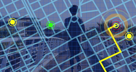 Navigator pin over navigation map line scheme against rear view of african american fit man running