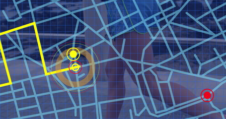 Navigation map line scheme against caucasian fit woman running on the promenade