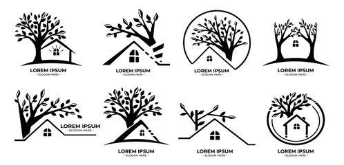 collection of tree houses with window vector logo. set of logos with houses and trees vector