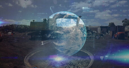 Image of data processing and globe over rubbish dump